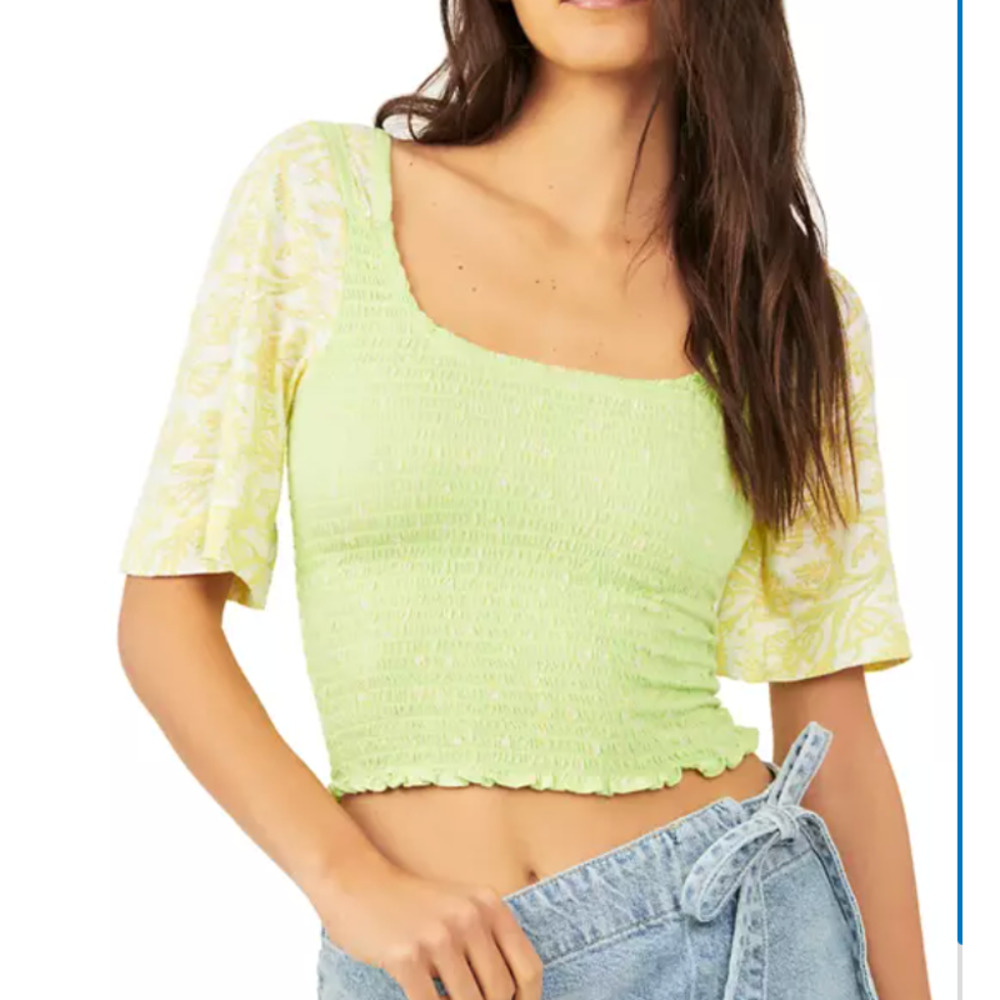 Free People MARIGOLD Smocked Tee Crop Top | Sz M Key Lime Green NEW. N1